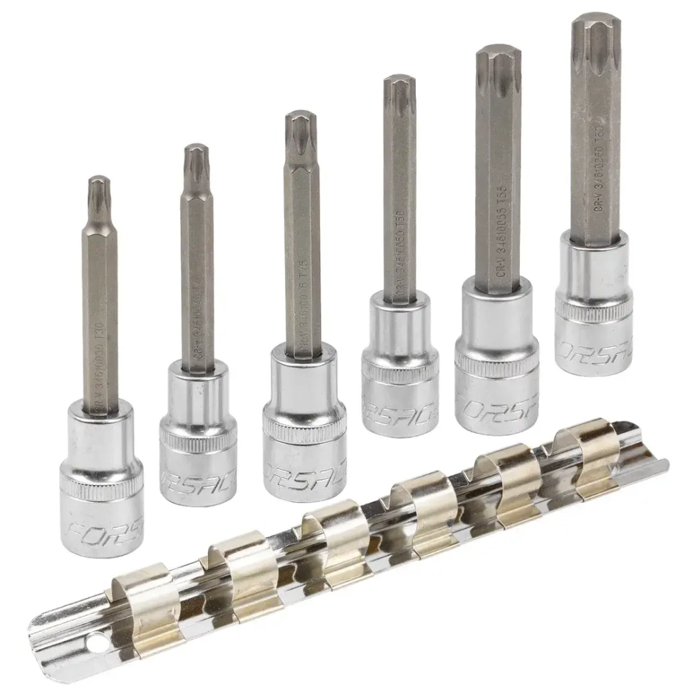 Набор головок-бит Torx 6-лучевых, 6 пр.(Т30,Т40,Т45,Т50,Т55,Т60, L-100мм) 1/2'', на планке Forsage F-40913L