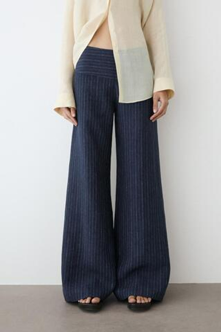 Massimo Dutti Льняные брюки-клеш с полосатым рисунком, темно-синий