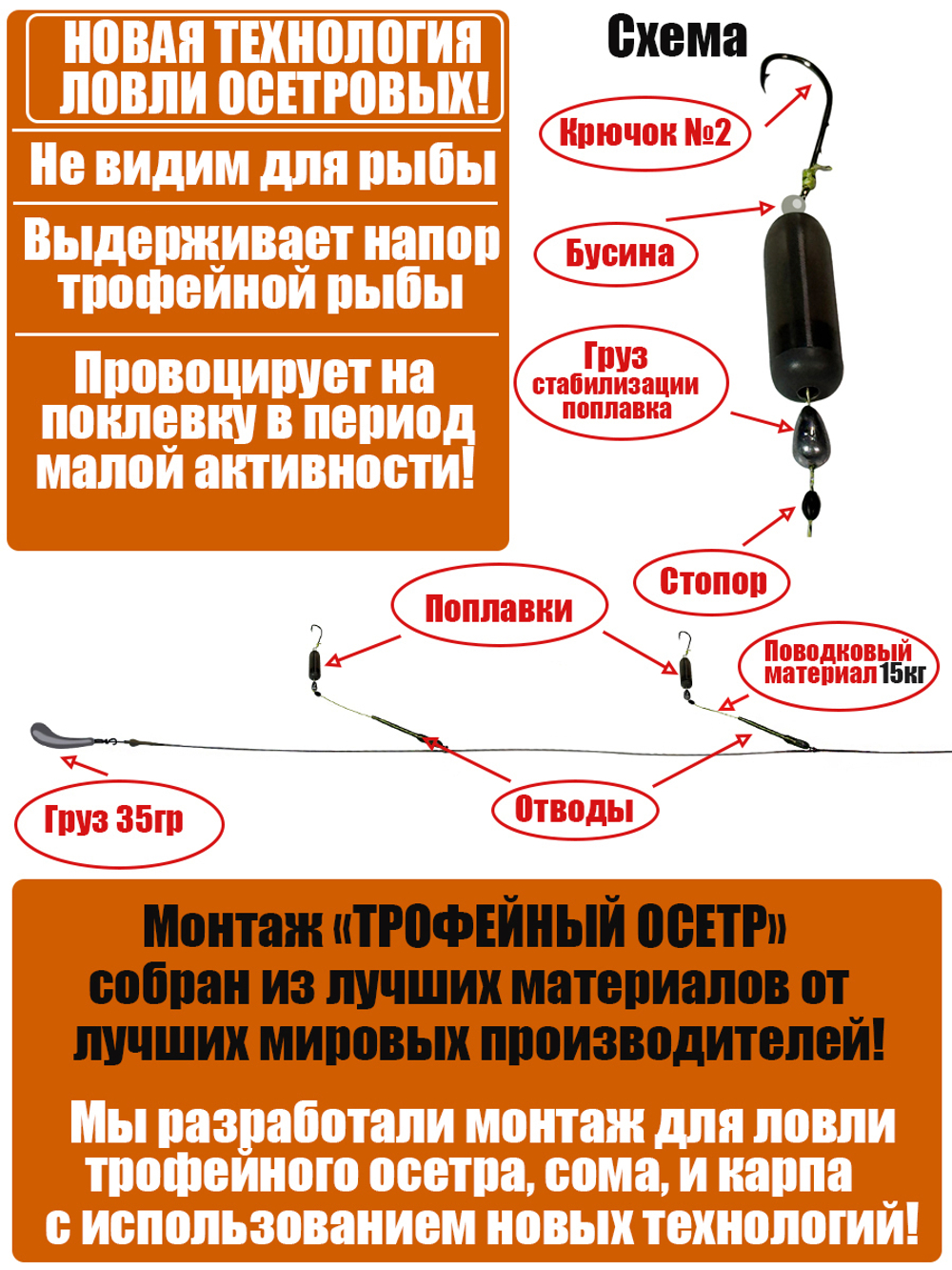 Монтаж ТРОФЕЙНЫЙ ОСЕТР 35г, Лидкор 75см, 2 поводка