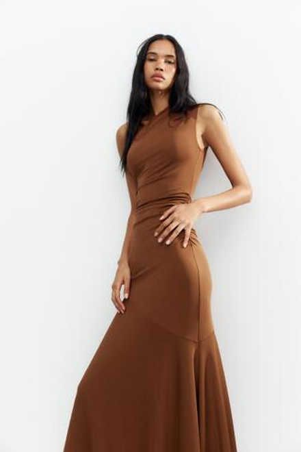 ZARA ПЛАТЬЕ С АСИММЕТРИЧНЫМ НИЗОМ, СВЕТЛО-КОРИЧНЕВЫЙ