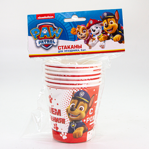 Стаканы (250 мл) "Щенячий Патруль", "С Днем рождения!", красный, 6 шт.