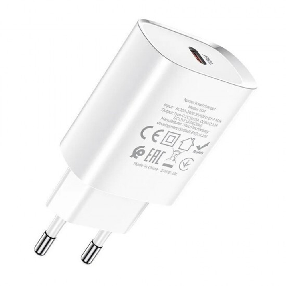 Сетевое зарядное устройство Hoco N14 PD 20W с кабелем Lightning - Type-C, 012711 Белый