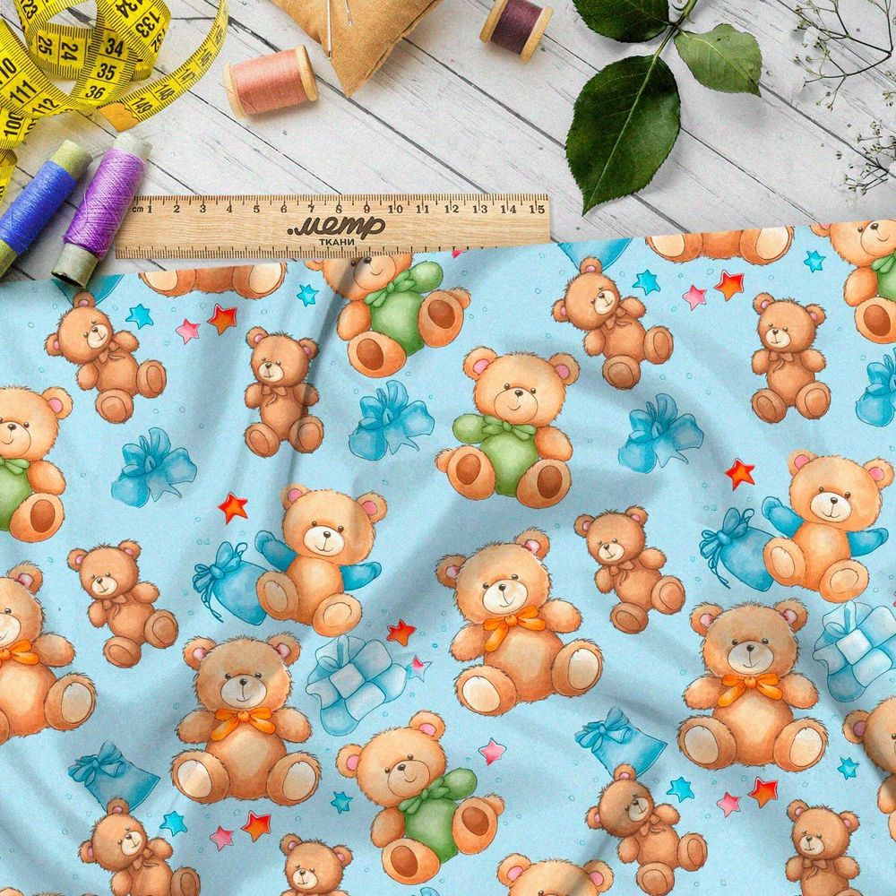Ткань Барби медведи с подарками на голубом