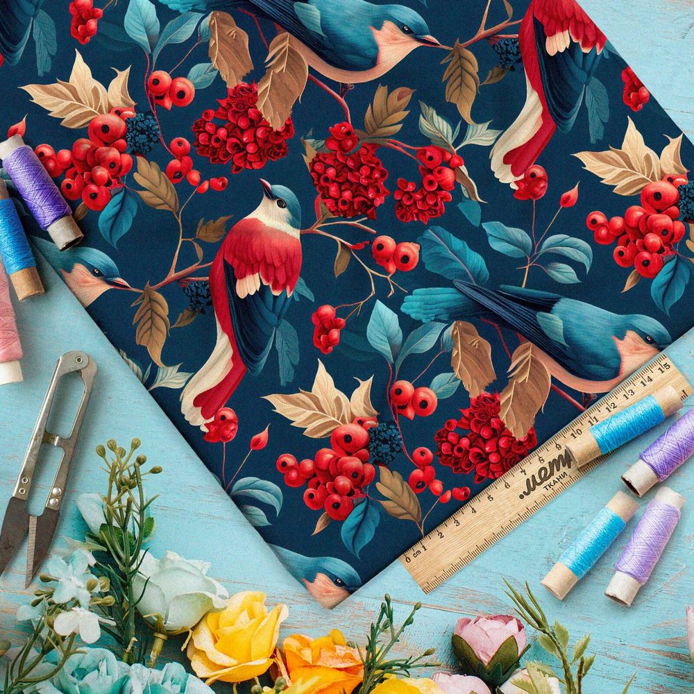 Ткань бифлекс  птичья жизнь в рябине