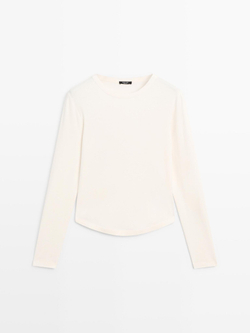 Massimo Dutti Футболка с закругленными краями и длинными рукавами, натуральный, кремовый