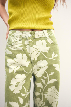 ZARA ДЖИНСЫ Z1975 STRAIGHT-LEG FULL LENGTH С ВЫСОКОЙ ПОСАДКОЙ ИЗ ТКАНИ С ПРИНТОМ, ЭКРЮ/ХАКИ