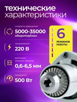 Гравер электрический 500 ВТ с насадками 192 шт. и гибким валом, 35000 об/мин / Бор машинка электрическая / Мини дрель
