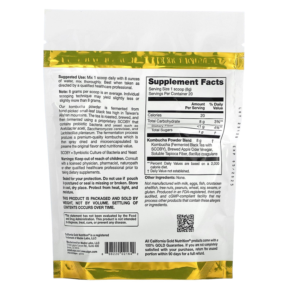 California Gold Nutrition, Superfoods, комбуча в порошке с ферментированным яблочным уксусом, растворимой клетчаткой тапиоки и пробиотиками, 160 г (5,64 унции)