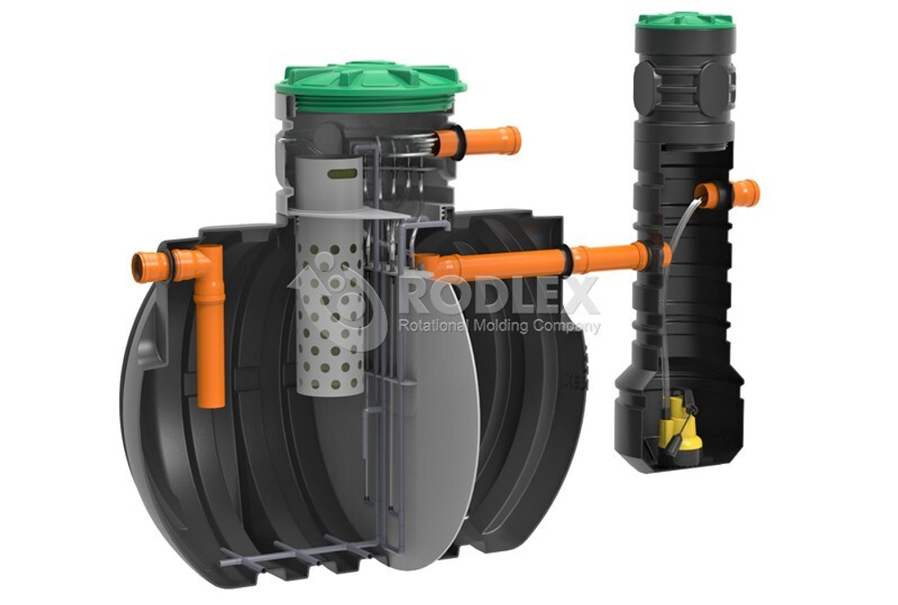 Станция биологической очистки BioBox Aero 7 с принудительным выбросом, насосом в отдельной кнс Родлекс 3000 л./ 1750 л. в сутки / 7 чел. / принудительный сброс / компрессорный аэрация (2140x1480x2030см;192кг;) - арт.559793