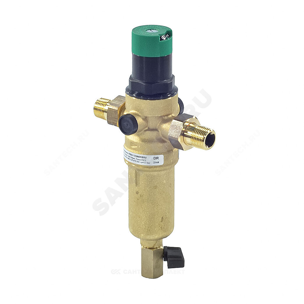 Фильтр сетчатый T-образный латунь Ду 20 Ру25 Тмакс=70 oC G3/4" НР FK06 с выходом под манометр с регулятором давления с краном Honeywell-Braukmann FK06-3/4"AAM