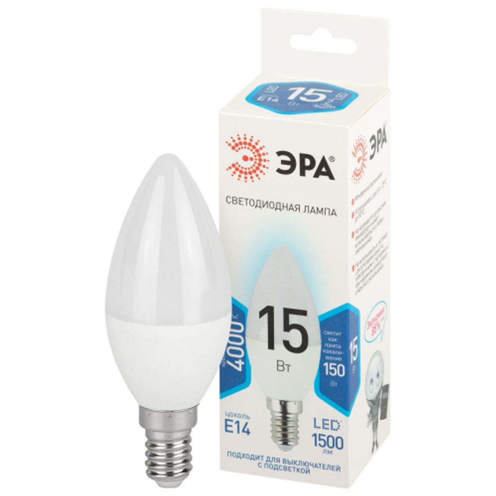Лампа светодиодная ЭРА STD LED B35-15W-840-E14 E14 15 Вт свеча нейтральный белый свeт | Лампы cветодиодные Свеча (B/C)