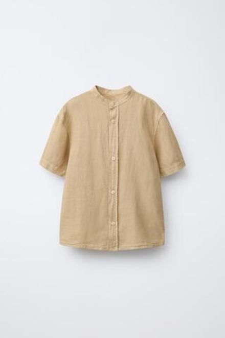 ZARA РУБАШКА С КОРОТКИМИ РУКАВАМИ И ВОРОТНИКОМ-СТОЙКОЙ, ПЕСОЧНЫЙ