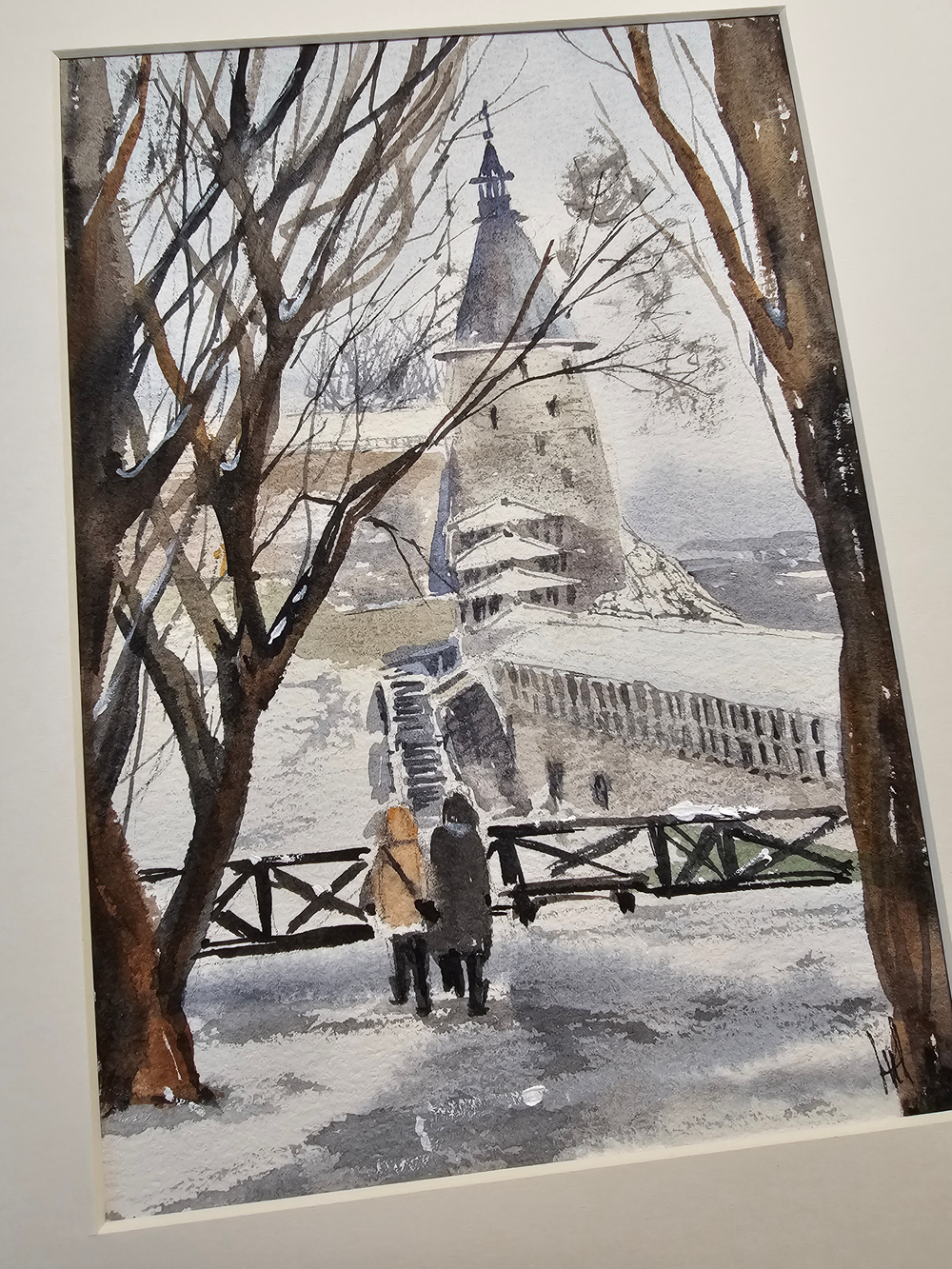 Картина авторская акварельная в паспарту 21х30 см на стену для интерьера "Прогулки по Пскову"