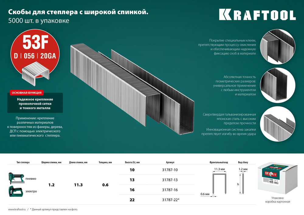 KRAFTOOL скобы тип 53F (D/056), 22 мм, калибр 23GA. 5000 шт (31787-22)