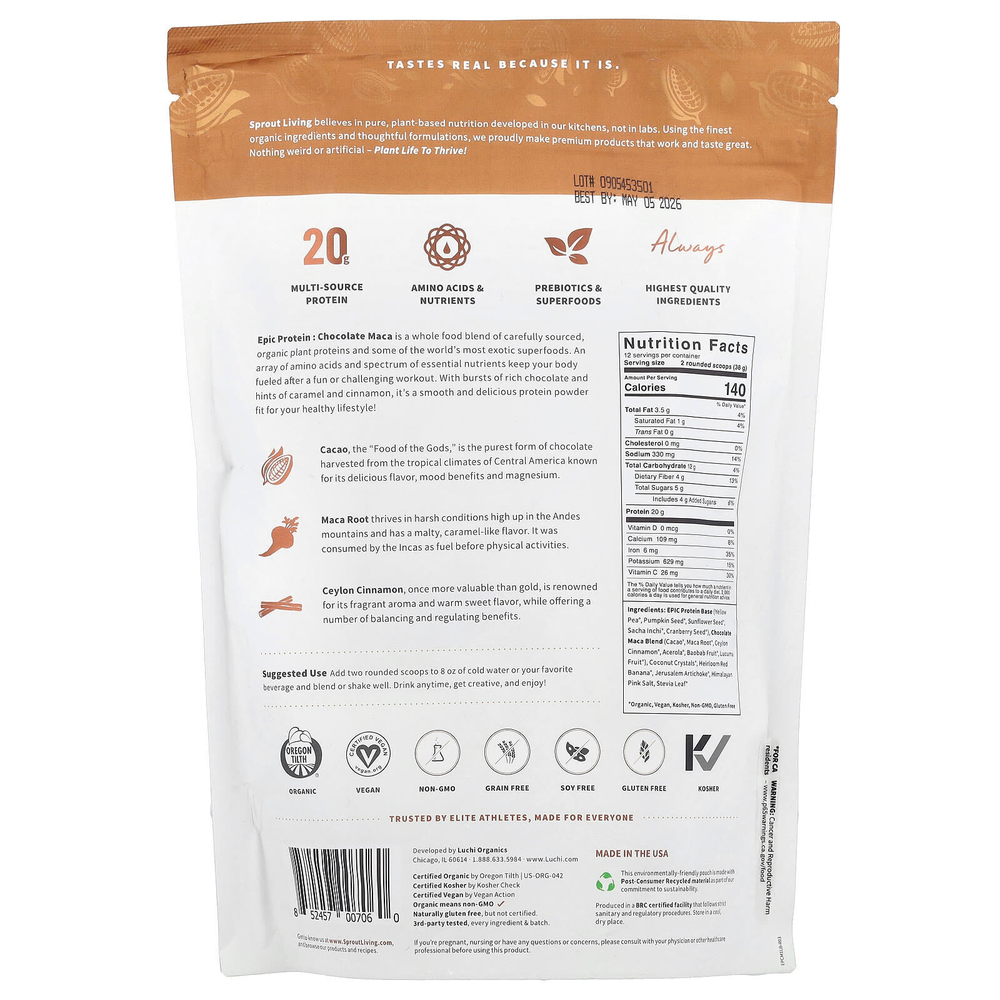 Sprout Living, Epic Protein, органический растительный протеин и суперпродукты, шоколад и мака, 455 г (1 фунт)
