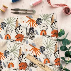 Ткань дюспо листья с оранжевыми цветами