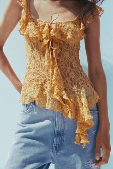 ZARA ТОП С ВОЛАНАМИ И КРУЖЕВОМ, СВЕТЛО-ОРАНЖЕВЫЙ
