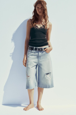 ZARA ТОП В РУБЧИК С КРУЖЕВОМ, ЧЕРНЫЙ