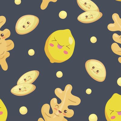 Яркие лимон и имбирь на темном. Веселые милые персонажи.