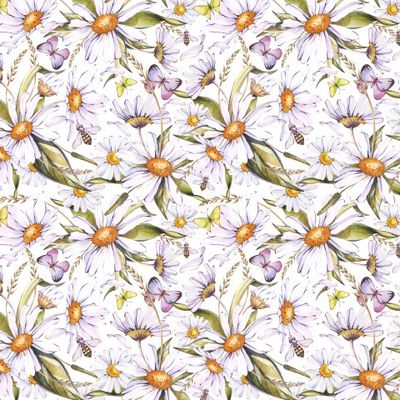 Watercolor seamless pattern of chamomile flowers and leaves, herbs, butterflies and bees.