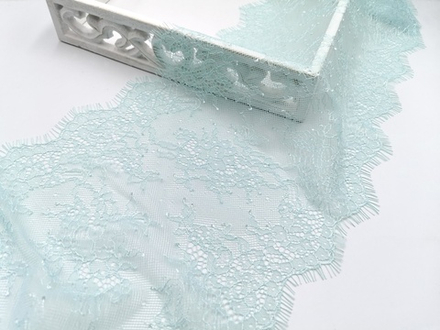 Кружево шантильи, ОПТ, с ресничками, светлая бирюза, 23 см, купон, SK-2404