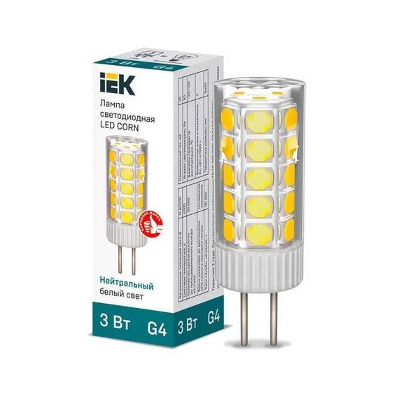 Лампа светодиодная IEK G4 3W 4000K прозрачная LLE-CORN-3-012-40-G4