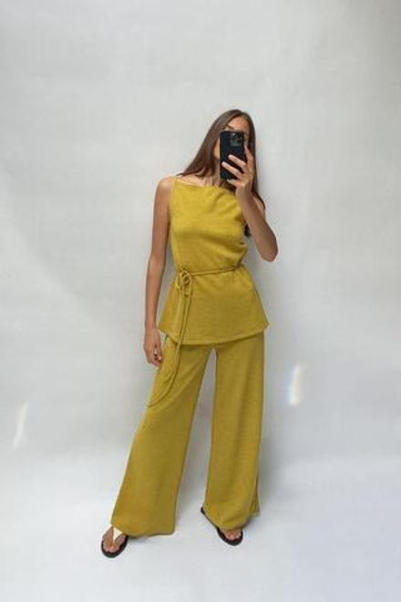 ZARA БРЮКИ SOFT ШИРОКОГО КРОЯ ИЗ ТКАНИ ПИКЕ, ГОРЧИЧНЫЙ