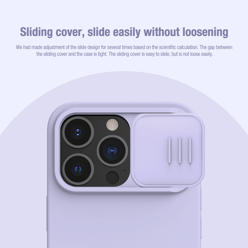 Чехол фиолетового цвета (Misty Purple) с шелковистым покрытием от Nillkin для iPhone 14 Pro Max, серия CamShield Silky Magnetic Silicone Case (поддержка беспроводной зарядки MagSafe)