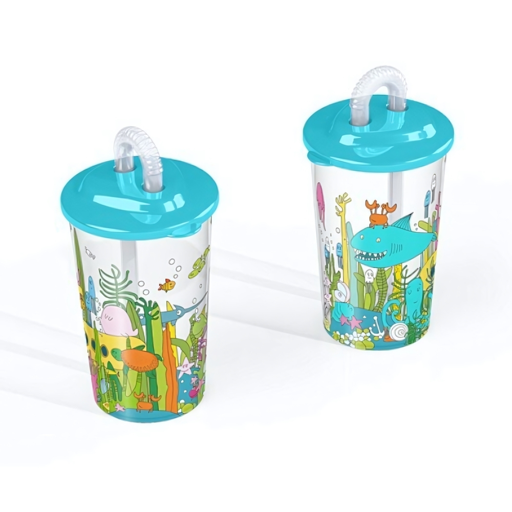 Стакан детский с трубочкой и декором "морской мир" 400 мл (голубой)