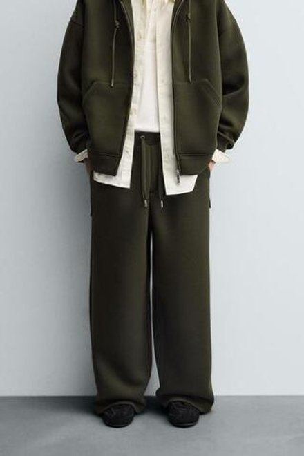 ZARA БРЮКИ INTERLOCK WIDE FIT, ТЕМНО-ЗЕЛЕНЫЙ