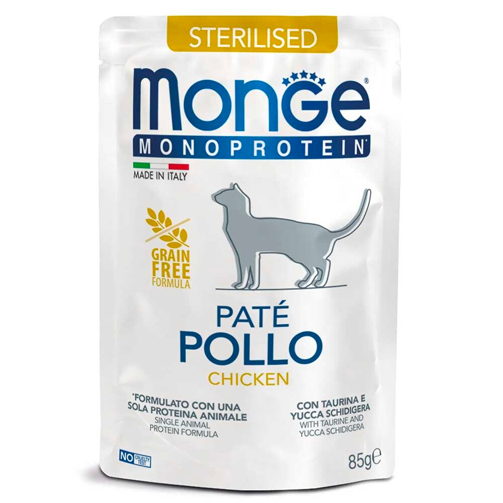 Monge Cat Monoprotein Pouch Sterilised 85 г (курица) - монопротеиновые консервы паучи (мясные хлопья) для стерилизованных кошек