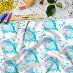 Ткань габардин мыльные дельфины на белом фоне