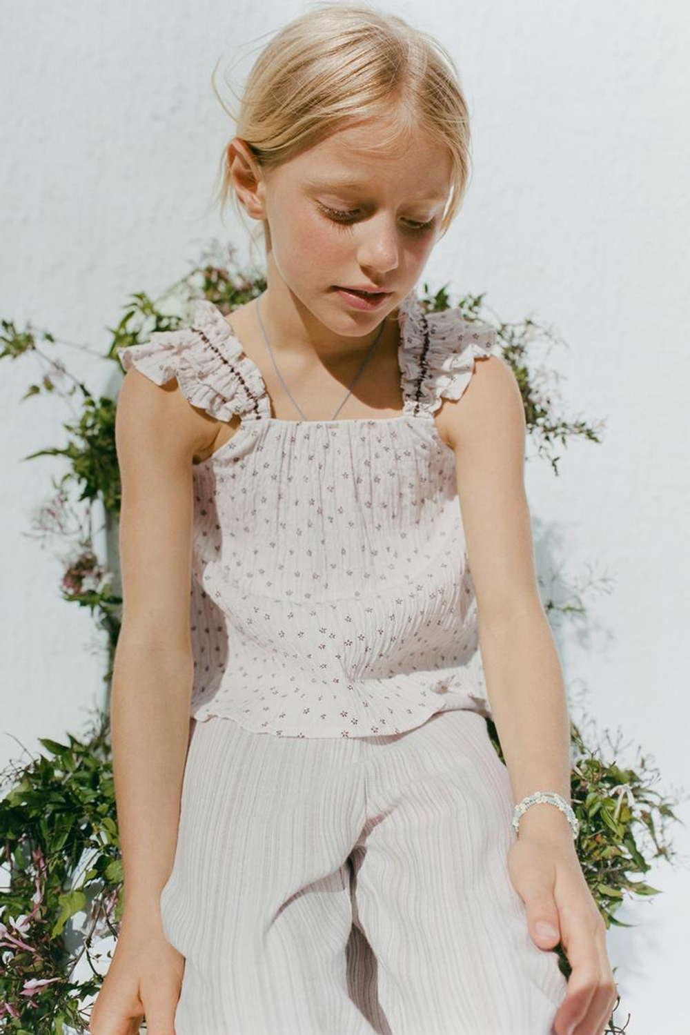 ZARA ТОП С ПРИНТОМ И КИСТЯМИ, СВЕТЛЫЙ ЭКРЮ