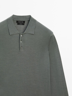 Massimo Dutti Свитер из 100% мериносовой шерсти с воротником поло, серовато-зеленый