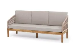 "Канны" диван 3-местный плетеный из роупа, основание дуб, роуп бежевый круглый, ткань бежевая 15052