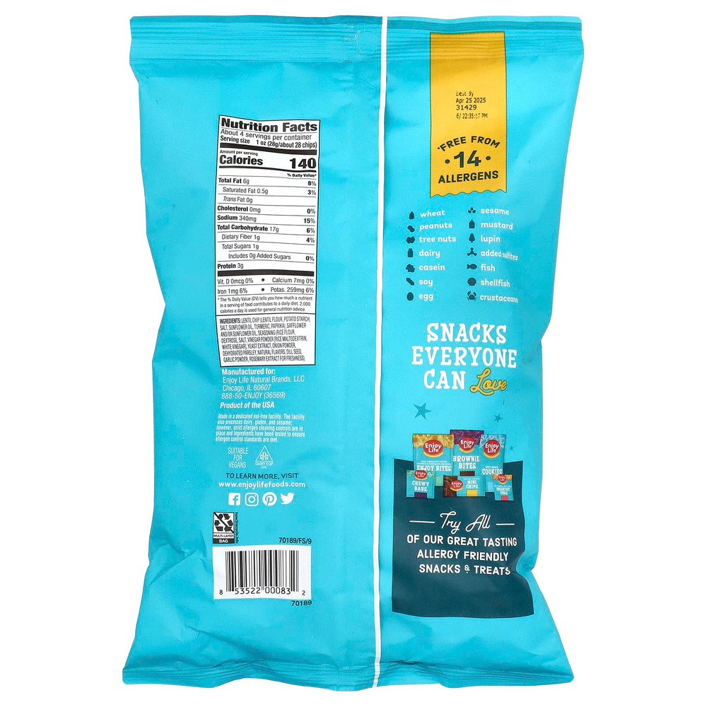 Enjoy Life Foods, Легкие и воздушные чечевичные чипсы, со вкусом укропа и сметаны, 113 г (4 унции)