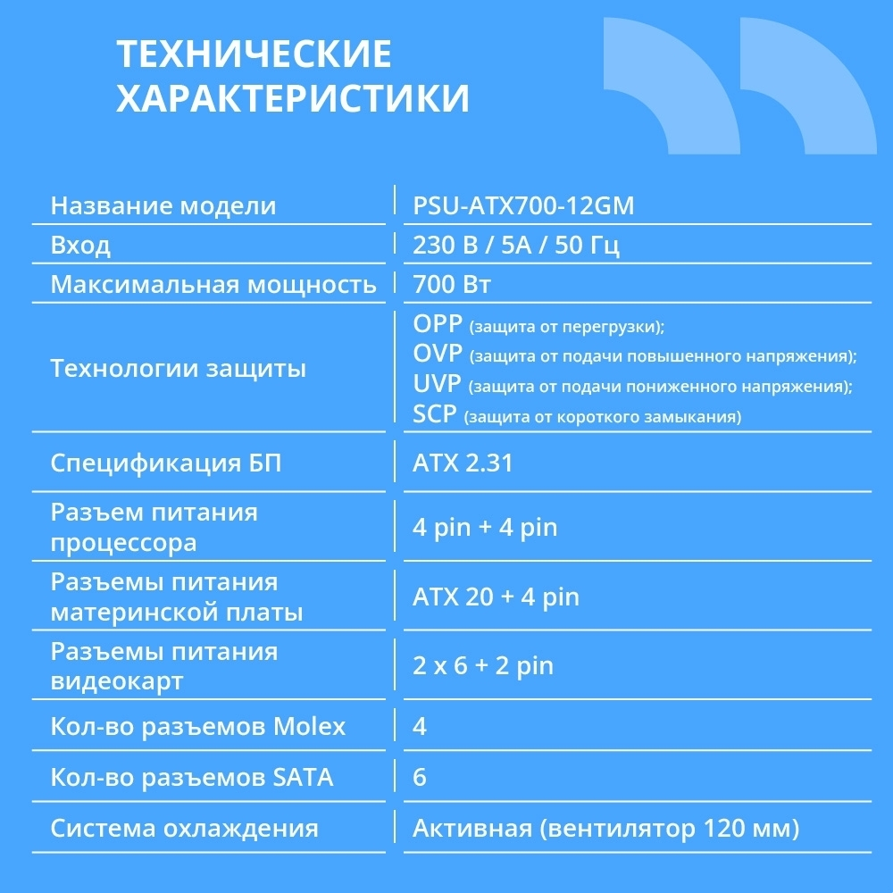 Блок питания Блок питания CBR ATX 700W 80+ Bronze, DC-DC, APFC, 0.6mm, 20+4pin, 1*8-pin(4+4P), 2*6+2pin, 6*SATA, 4*IDE, 12cm fan, 1.5м кабель питания, черный [PSU-ATX700-12GM] BOX