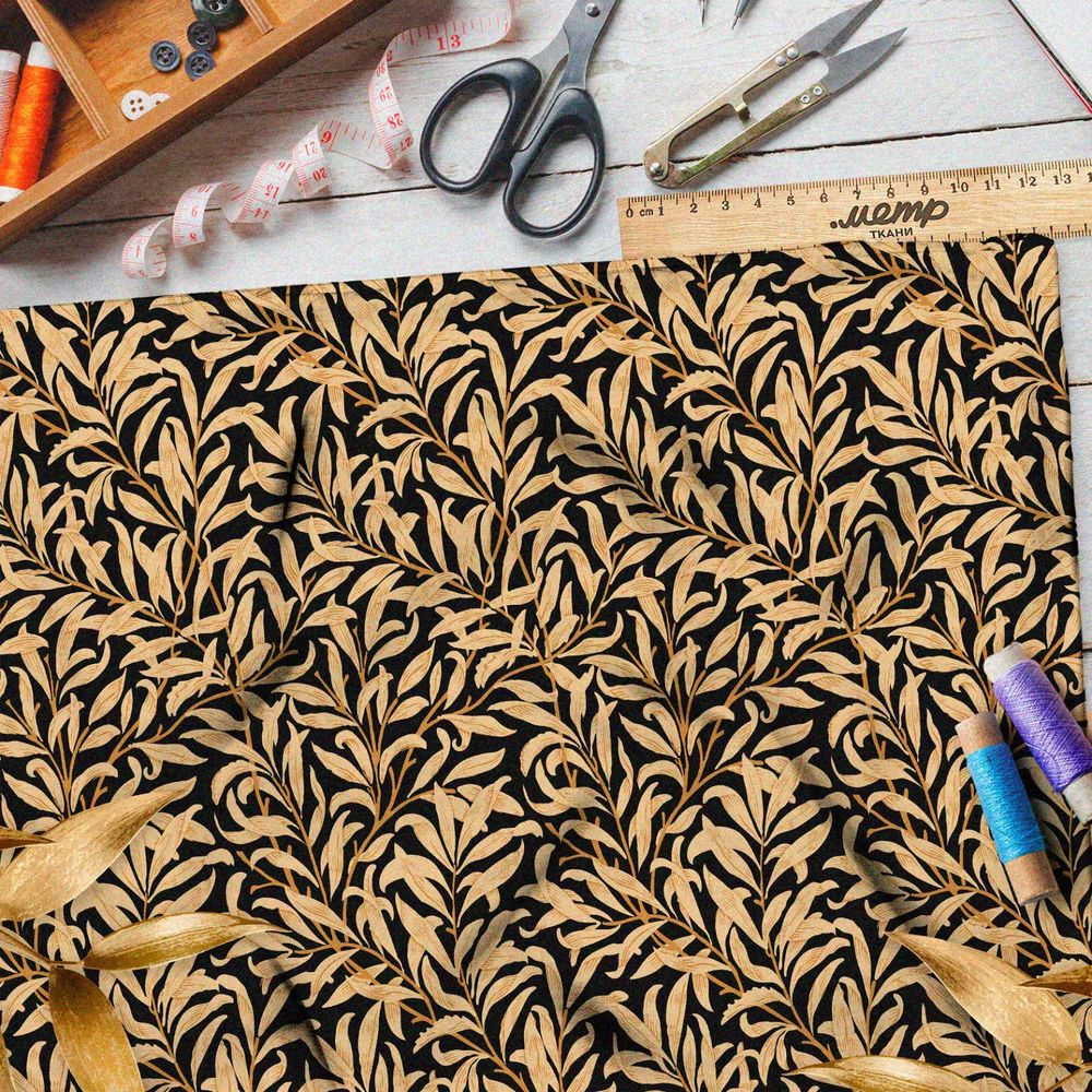 Ткань ниагара бронзовый папоротник на чёрном фоне