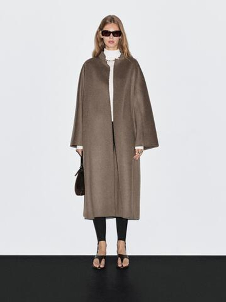 Massimo Dutti Длинное пальто из смесовой шерсти, коричневый
