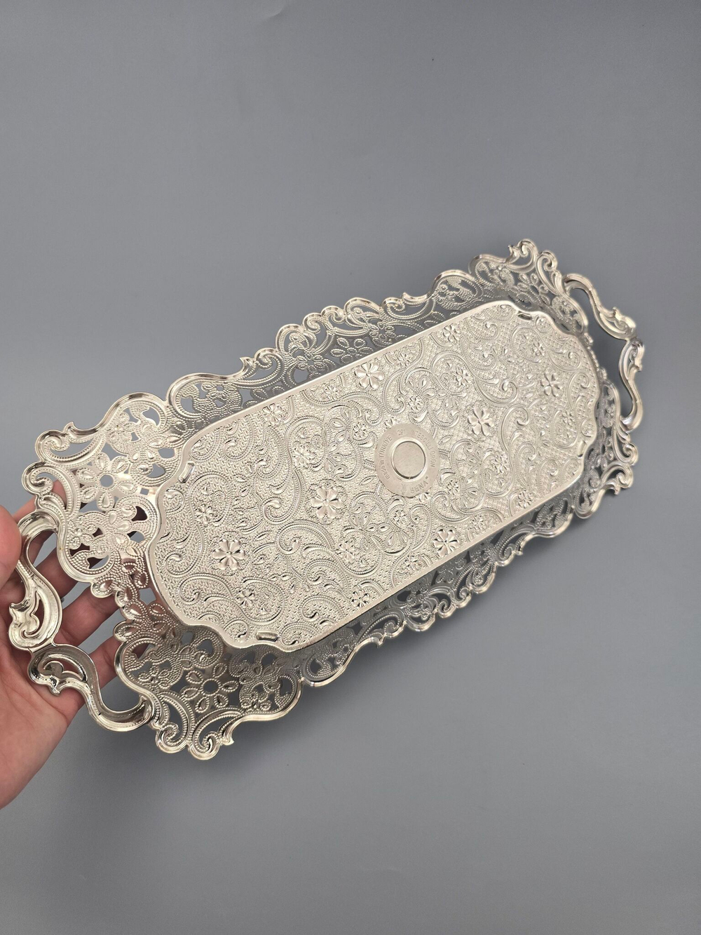 Поднос прямоугольный декоративный 40*20 "Ажур" металлический /ACAR. Турция (серебристый)