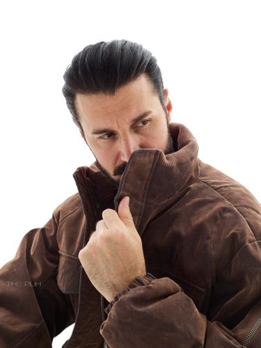 Утепленный коричневый бомбер из вареного денима