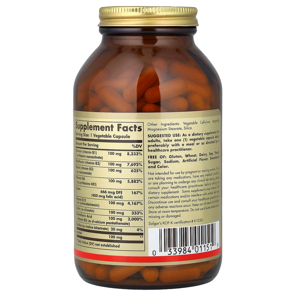 Solgar, B-Complex 100, витамины группы B, 250 растительных капсул