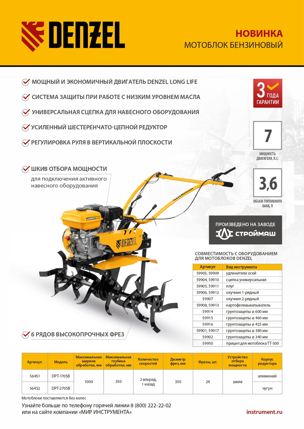 Мотоблок DPT-270SB, 7 л.с., ремен.сцеп, фрез 3х4, ШОМ, без колес, передачи 2В/1Н// Denzel