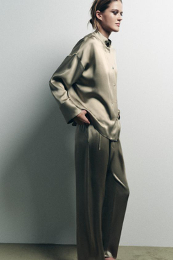 ZARA БРЮКИ BAGGY ИЗ АТЛАСА, РЫЖЕВАТО-КОРИЧНЕВЫЙ