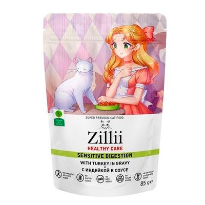 Влажный корм ZILLII Healthy Care Sensitive Digestion для кошек с чувствительным пищеварением с кусочками индейки в соусе, Пауч 85 г