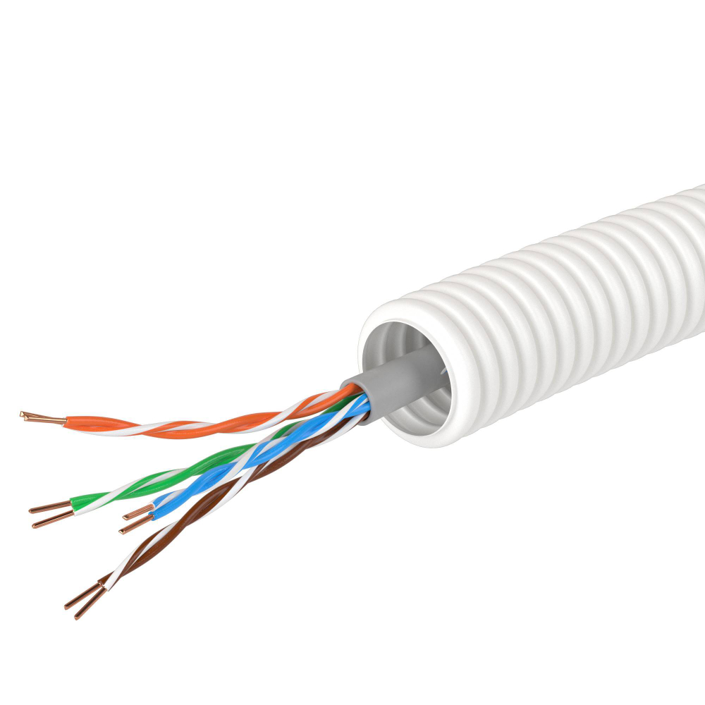 Элетротруба из ПЛЛ не содержит галогенов, гибкая гофрированна д. 16 мм,цвет белый, с кабелем витая пара 5EU/UTP нг(А)-HF, 50 м