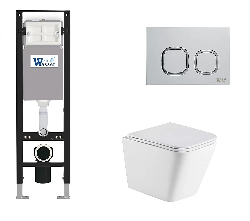 Унитаз подвесной WeltWasser AMBERG 350 + GELBACH 043 MT-WT + AMBERG RD-WT белый матовый, безободковый, с крышкой микролифт, слив-торнадо, с инсталляцией и белой кнопкой