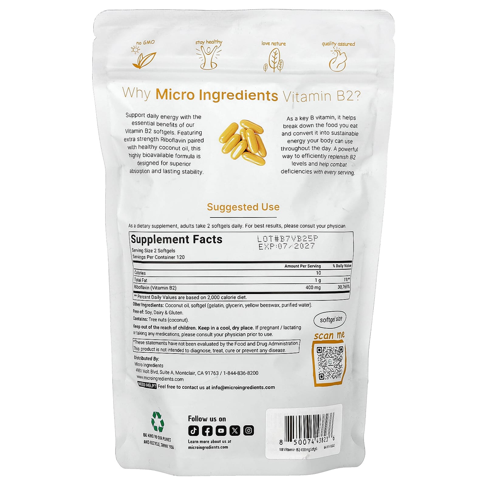 Micro Ingredients, витамин B2, рибофлавин, 240 капсул (200 мг в 1 капсуле)