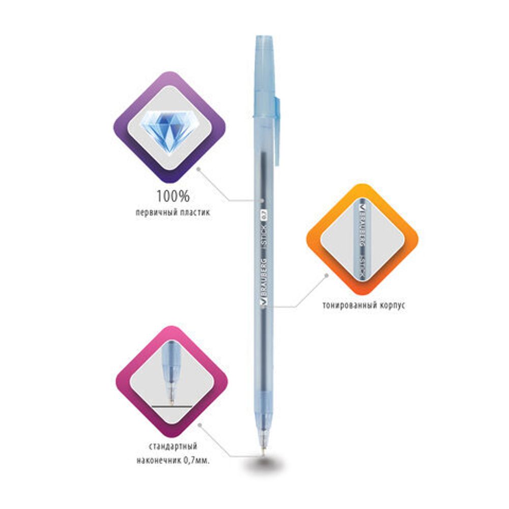 Ручка шариковая BRAUBERG "i-STICK" СИНЯЯ, пишущий узел 0,7 мм, линия письма 0,35 мм, 143442