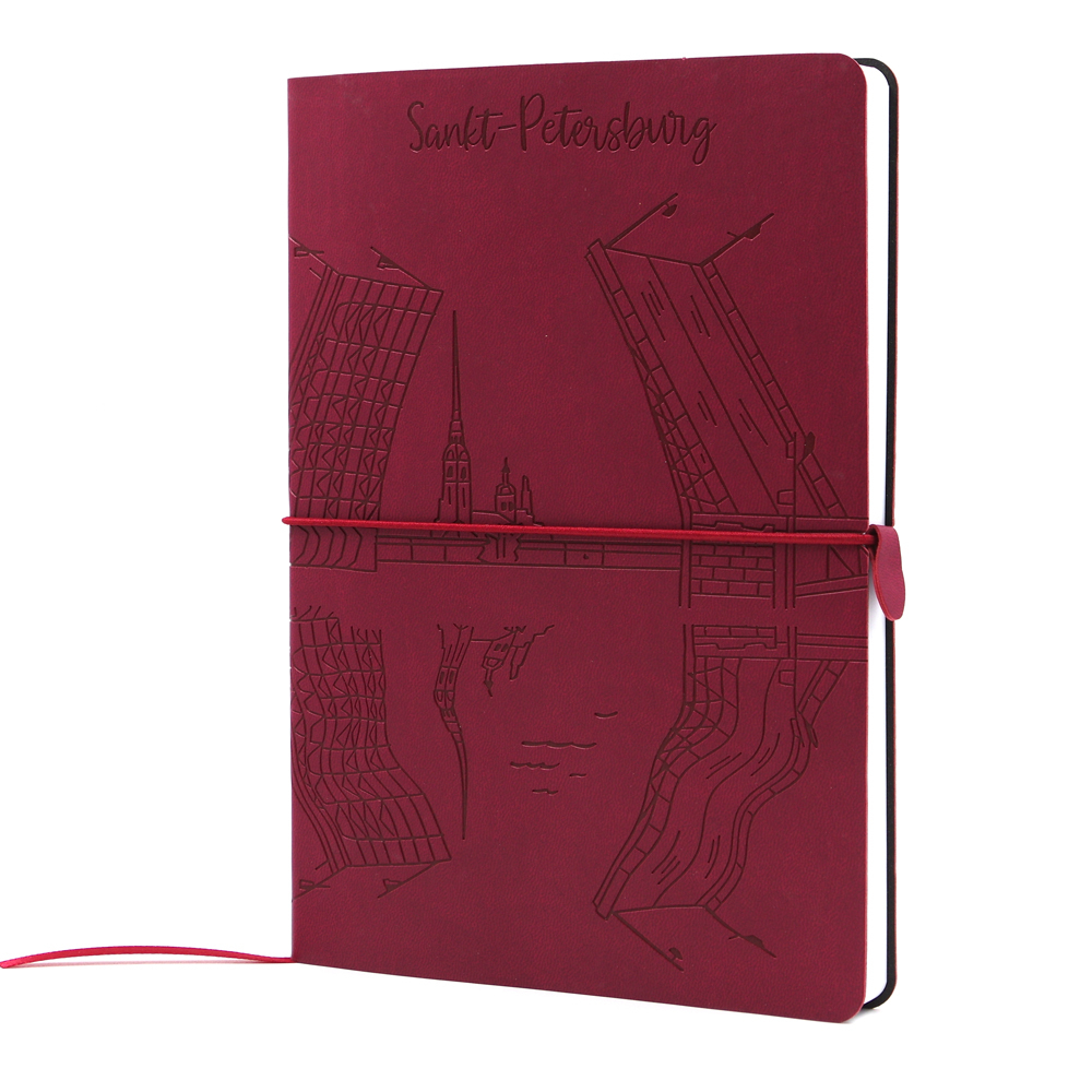 НОВИНКА! Блокнот "Питер. Мосты на Неве" в клетку А5 128 листов, гибкая обложка из экокожи (цвет винный) с блинтовым тиснением рисунка по полю